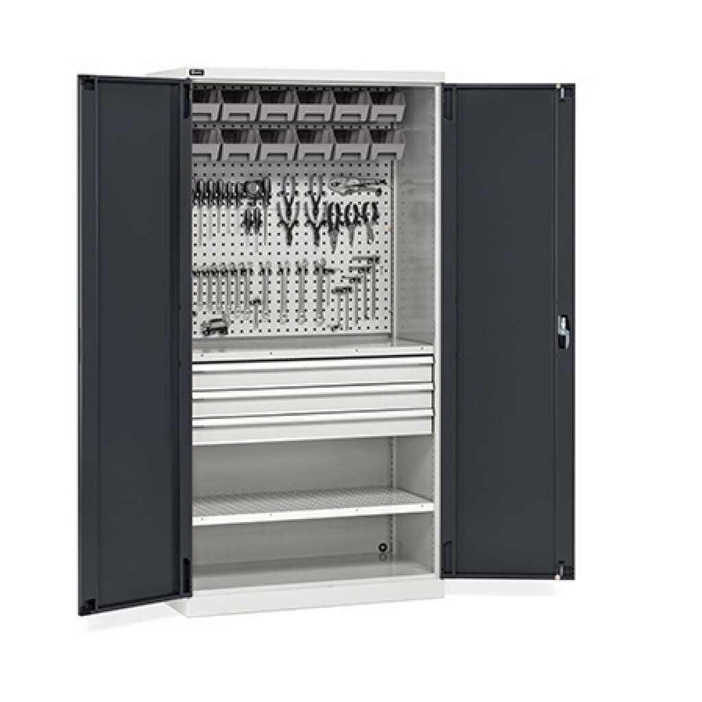 Produktabbildung: Fami PERFOM Werkstattschrank, 3 Schubladen, Lochplatten, Sichtlagerkasten, HxBxT 2.000 x 1.023 x 555 mm, lichtgrau, anthrazit