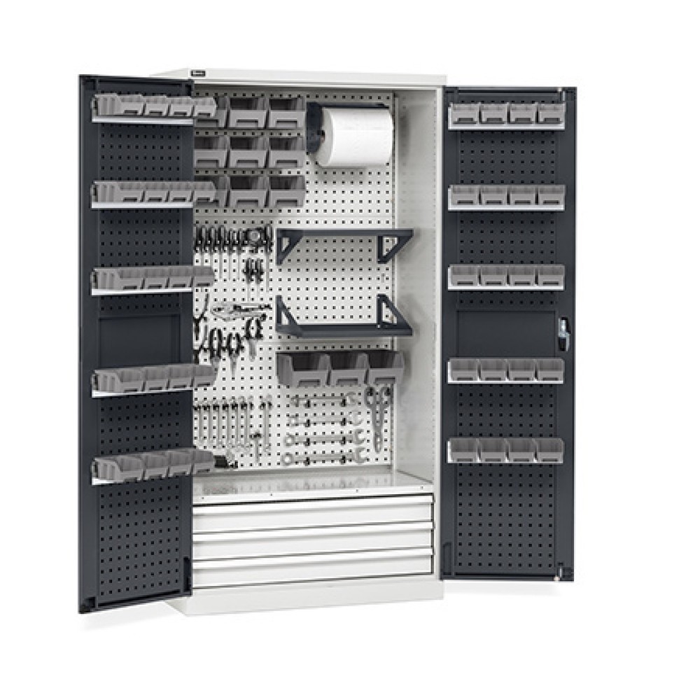 Produktabbildung: Fami PERFOM Werkstattschrank, 4 Lochböden, 3 Schubladen, Lochplatten für Tür, Sichtlagerkästen, HxBxT 2.000 x 1.023 x 726 mm, lichtgrau, anthrazit