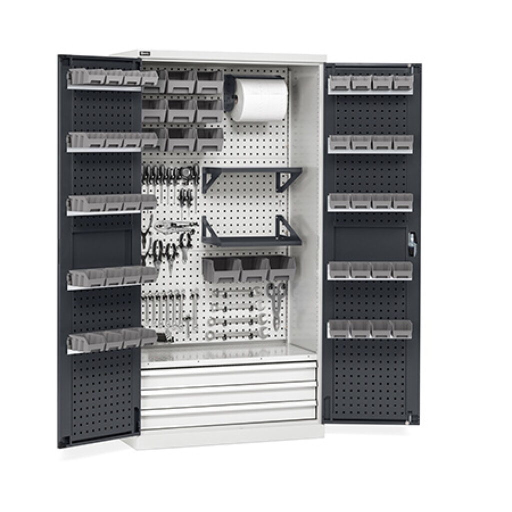 Fami PERFOM Werkstattschrank, 4 Lochböden, 3 Schubladen, Lochplatten für Tür, Sichtlagerkästen, HxBxT 2.000 x 1.023 x 555 mm, lichtgrau, anthrazit Produktabbildung: Fami PERFOM Werkstattschrank, 4 Lochböden, 3 Schubladen, Lochplatten für Tür, Sichtlagerkästen, HxBxT 2.000 x 1.023 x 555 mm, lichtgrau, anthrazit