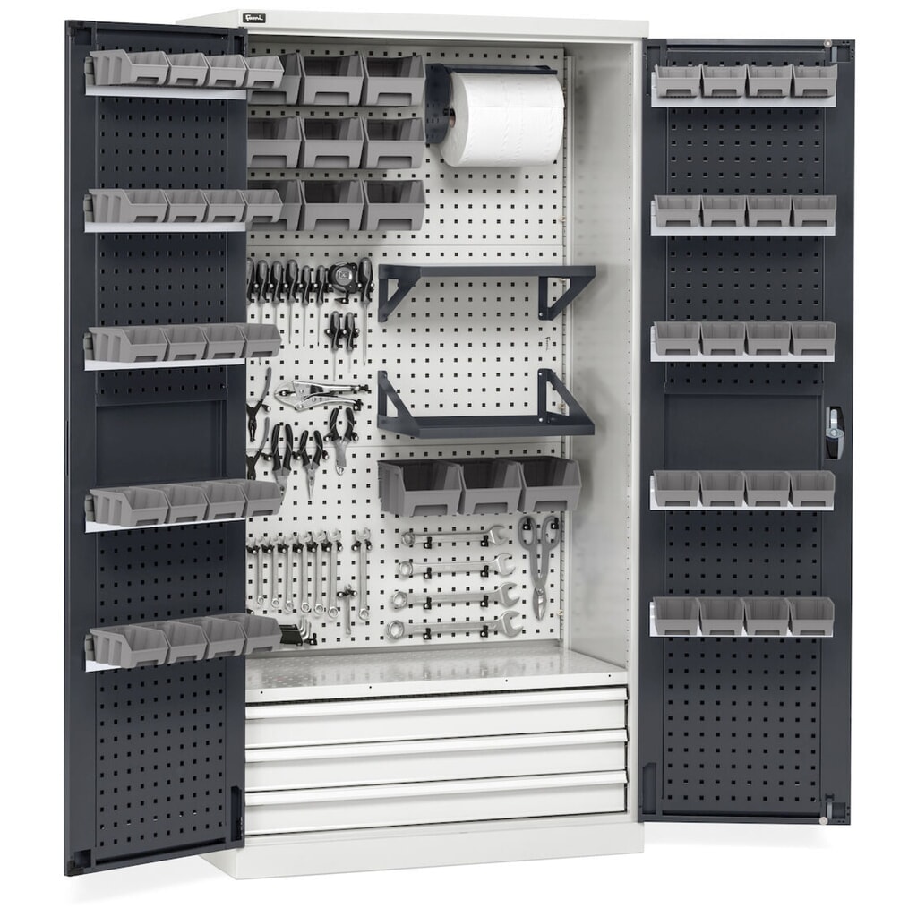 Fami PERFOM Werkstattschrank, 4 Lochböden, 3 Schubladen, Lochplatten für Tür, Sichtlagerkästen, HxBxT 2.000 x 1.023 x 555 mm, lichtgrau, anthrazit Produktabbildung Nr. 13: Fami PERFOM Werkstattschrank, 4 Lochböden, 3 Schubladen, Lochplatten für Tür, Sichtlagerkästen, HxBxT 2.000 x 1.023 x 555 mm, lichtgrau, anthrazit