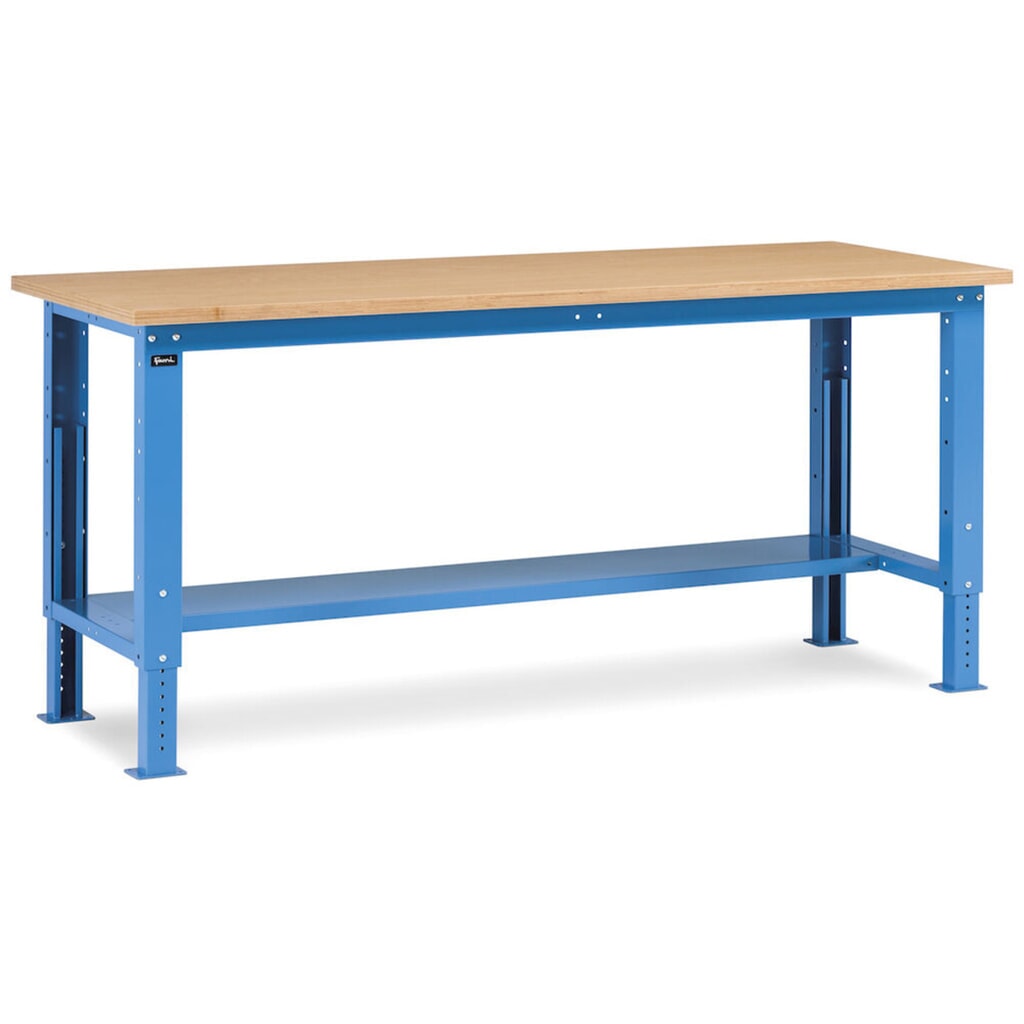 Fami Werkbank, höhenverstellbar, TK 1.000 kg, HxBxT 740-1.110 x 2.000 x 750 mm, RAL 5012 lichtblau Produktabbildung Nr. 2: Fami Werkbank, höhenverstellbar, TK 1.000 kg, HxBxT 740-1.110 x 2.000 x 750 mm, RAL 5012 lichtblau