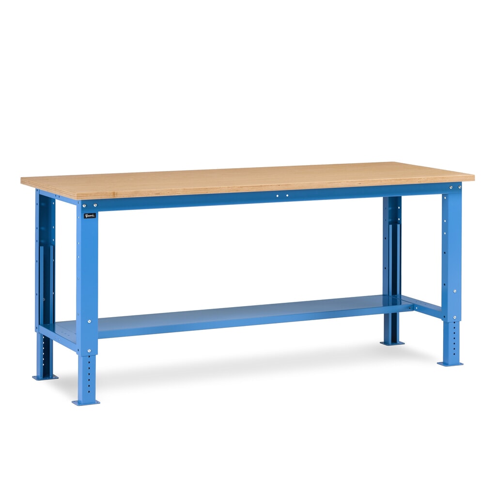 Fami Werkbank, höhenverstellbar, TK 1.000 kg, HxBxT 740-1.110 x 2.000 x 750 mm, RAL 5012 lichtblau Produktabbildung Nr. 1: Fami Werkbank, höhenverstellbar, TK 1.000 kg, HxBxT 740-1.110 x 2.000 x 750 mm, RAL 5012 lichtblau