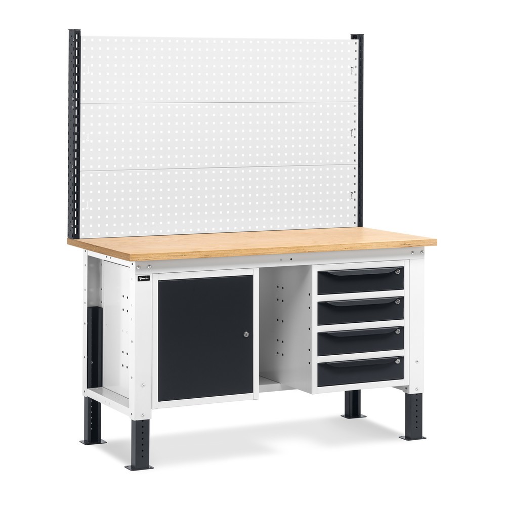 Produktabbildung: Fami Werkbank, höhenverstellbar, mit Multifunktionswand, 4 Schubladen, Ablage u. Schrank, TK 1.000 kg, HxBxT 740-1.110 x 1.500 x 750 mm, RAL 7035 lichtgrau / RAL 7016 anthrazitgrau