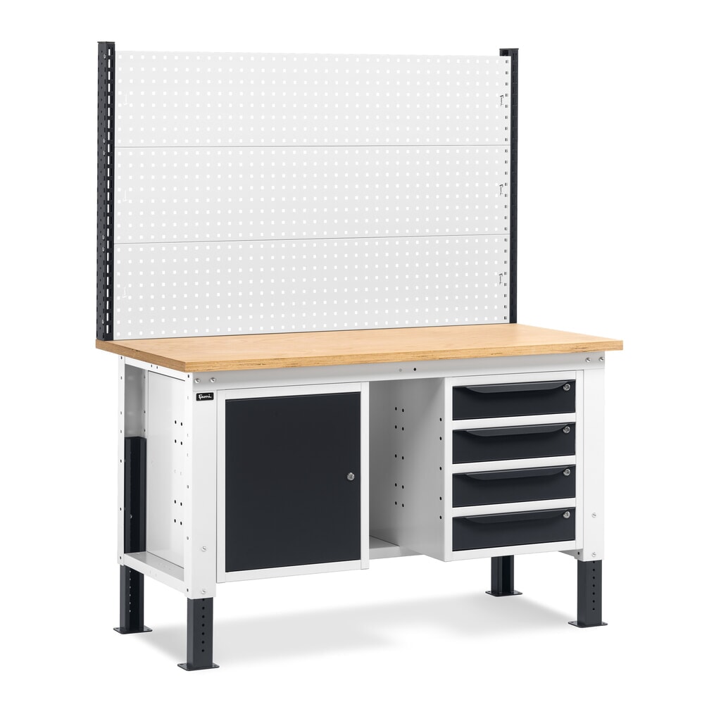 Produktabbildung: Fami Werkbank, höhenverstellbar, mit Multifunktionswand, 4 Schubladen, Ablage u. Schrank, TK 1.000 kg, HxBxT 740-1.110 x 1.500 x 750 mm, RAL 7035 lichtgrau / RAL 7016 anthrazitgrau