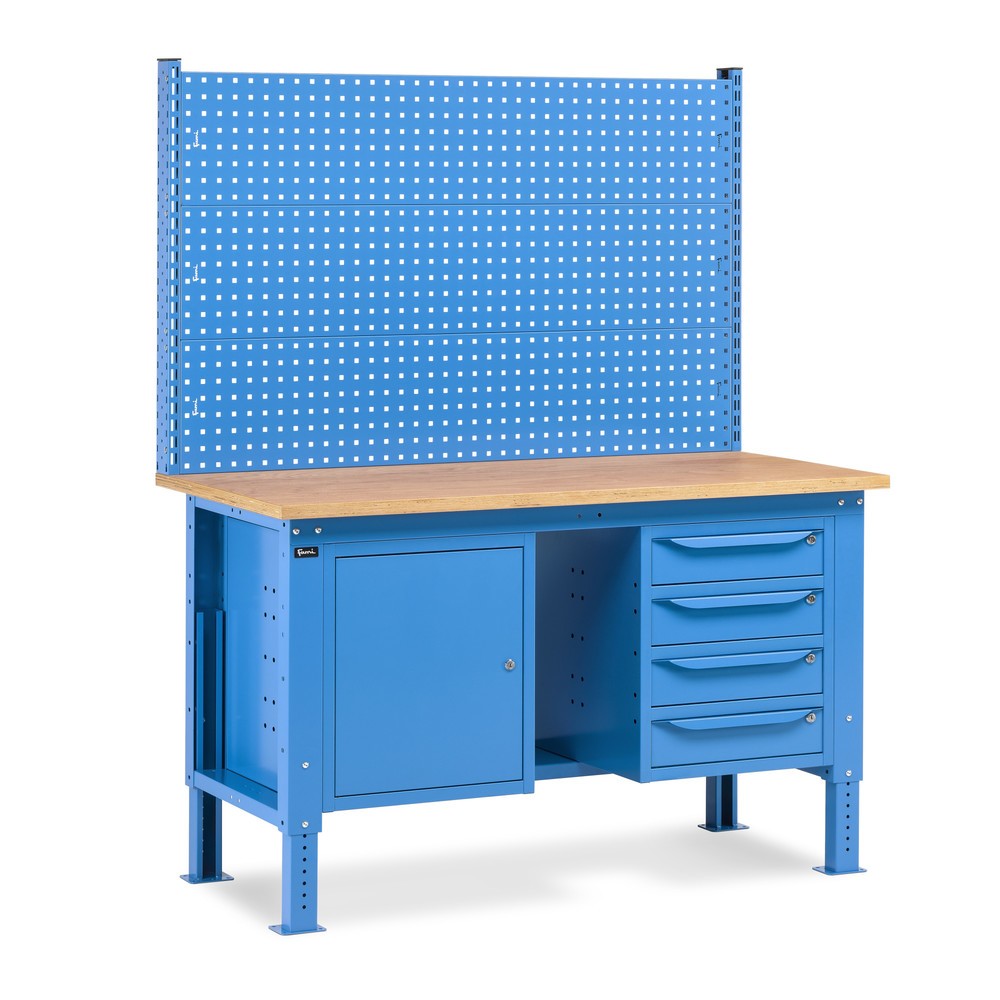 Produktabbildung: Fami Werkbank, höhenverstellbar, mit Multifunktionswand, 4 Schubladen, Ablage u. Schrank, TK 1.000 kg, HxBxT 740-1.110 x 1.500 x 750 mm, RAL 5012 lichtblau