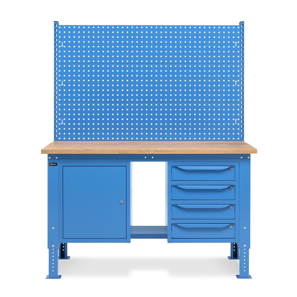 Produktabbildung Nr. 3: Fami Werkbank, höhenverstellbar, mit Multifunktionswand, 4 Schubladen, Ablage u. Schrank, TK 1.000 kg, HxBxT 740-1.110 x 1.500 x 750 mm, RAL 5012 lichtblau