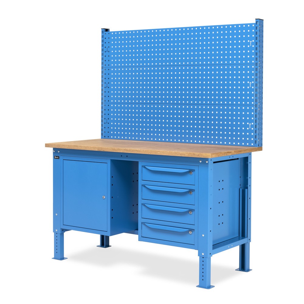 Produktabbildung Nr. 4: Fami Werkbank, höhenverstellbar, mit Multifunktionswand, 4 Schubladen, Ablage u. Schrank, TK 1.000 kg, HxBxT 740-1.110 x 1.500 x 750 mm, RAL 5012 lichtblau