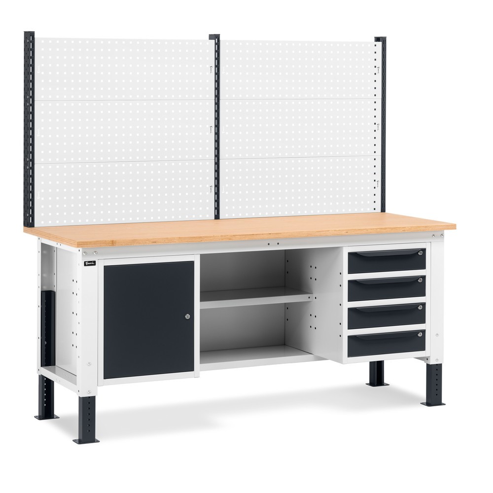 Produktabbildung: Fami Werkbank, höhenverstellbar, mit Multifunktionswand, 4 Schubladen, Schrank, Rückwand mit 2 Fachböden, TK 1.000 kg, HxBxT 740-1.110 x 2.000 x 750 mm, RAL 7035 lichtgrau / RAL 7016 anthrazitgrau