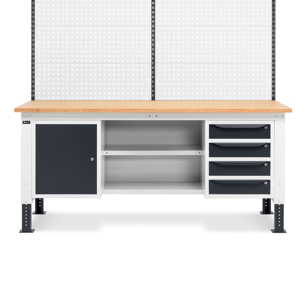 Produktabbildung Nr. 2: Fami Werkbank, höhenverstellbar, mit Multifunktionswand, 4 Schubladen, Schrank, Rückwand mit 2 Fachböden, TK 1.000 kg, HxBxT 740-1.110 x 2.000 x 750 mm, RAL 7035 lichtgrau / RAL 7016 anthrazitgrau