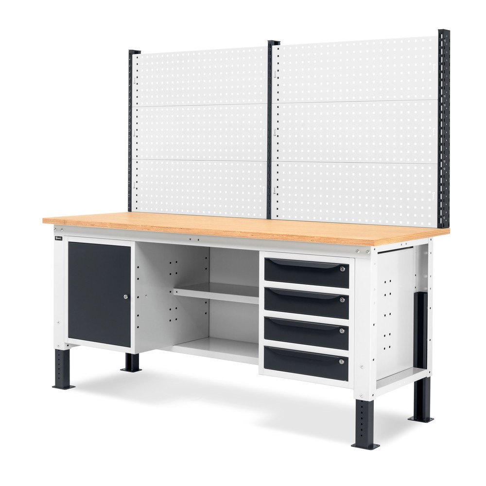 Produktabbildung Nr. 3: Fami Werkbank, höhenverstellbar, mit Multifunktionswand, 4 Schubladen, Schrank, Rückwand mit 2 Fachböden, TK 1.000 kg, HxBxT 740-1.110 x 2.000 x 750 mm, RAL 7035 lichtgrau / RAL 7016 anthrazitgrau