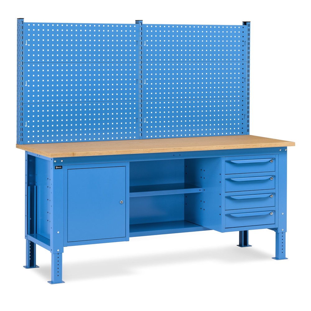 Produktabbildung: Fami Werkbank, höhenverstellbar, mit Multifunktionswand, 4 Schubladen, Schrank, Rückwand mit 2 Fachböden, TK 1.000 kg, HxBxT 740-1.110 x 2.000 x 750 mm, RAL 5012 lichtblau