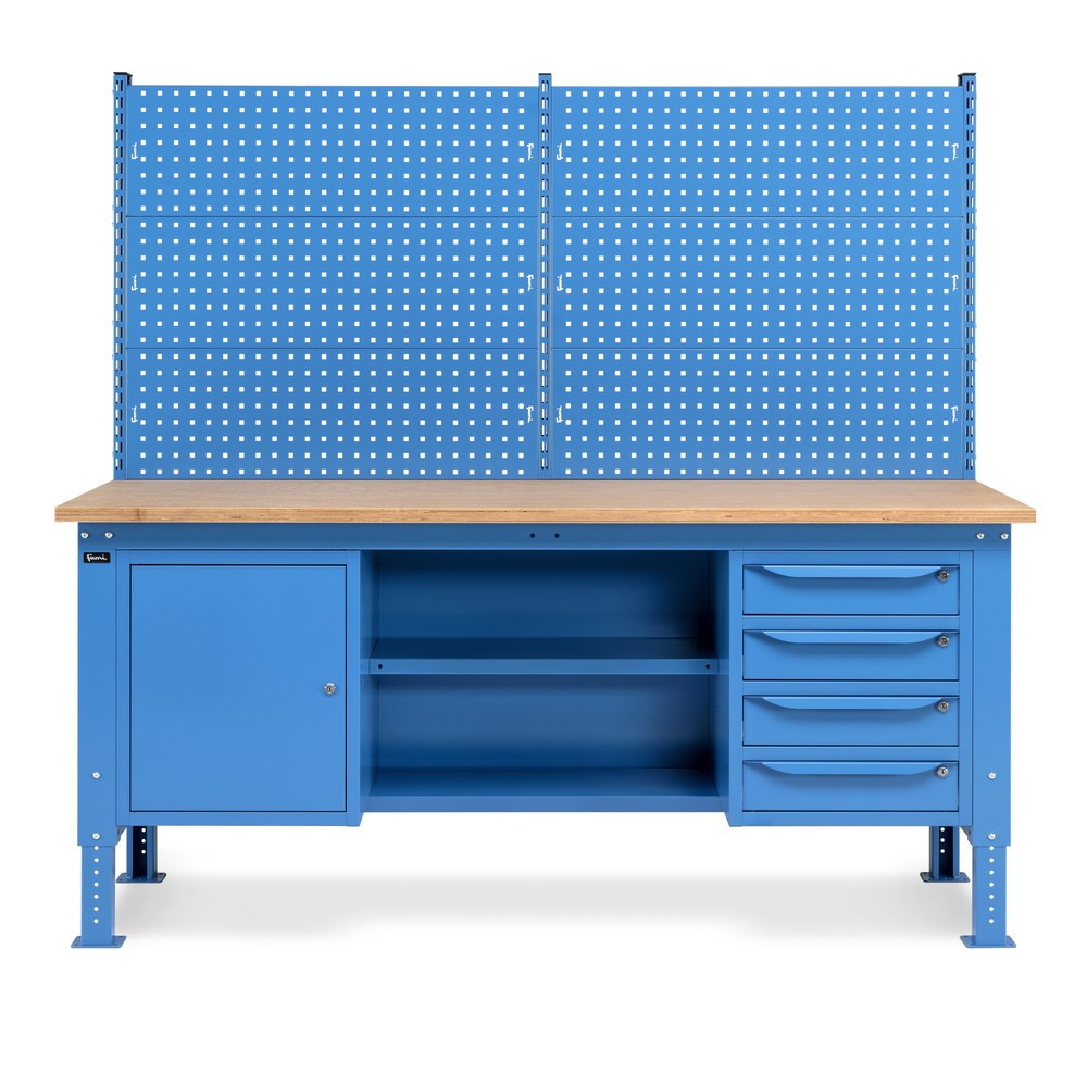 Produktabbildung Nr. 2: Fami Werkbank, höhenverstellbar, mit Multifunktionswand, 4 Schubladen, Schrank, Rückwand mit 2 Fachböden, TK 1.000 kg, HxBxT 740-1.110 x 2.000 x 750 mm, RAL 5012 lichtblau