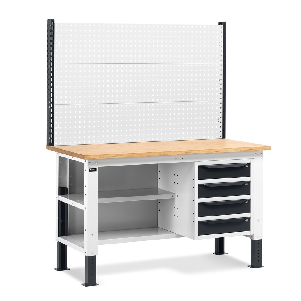 Produktabbildung: Fami Werkbank, höhenverstellbar, mit Multifunktionswand, 4 Schubladen, Rückwand mit 2 Fachböden, TK 1.000 kg, HxBxT 740-1.110 x 1.500 x 750 mm, RAL 7035 lichtgrau / RAL 7016 anthrazitgrau