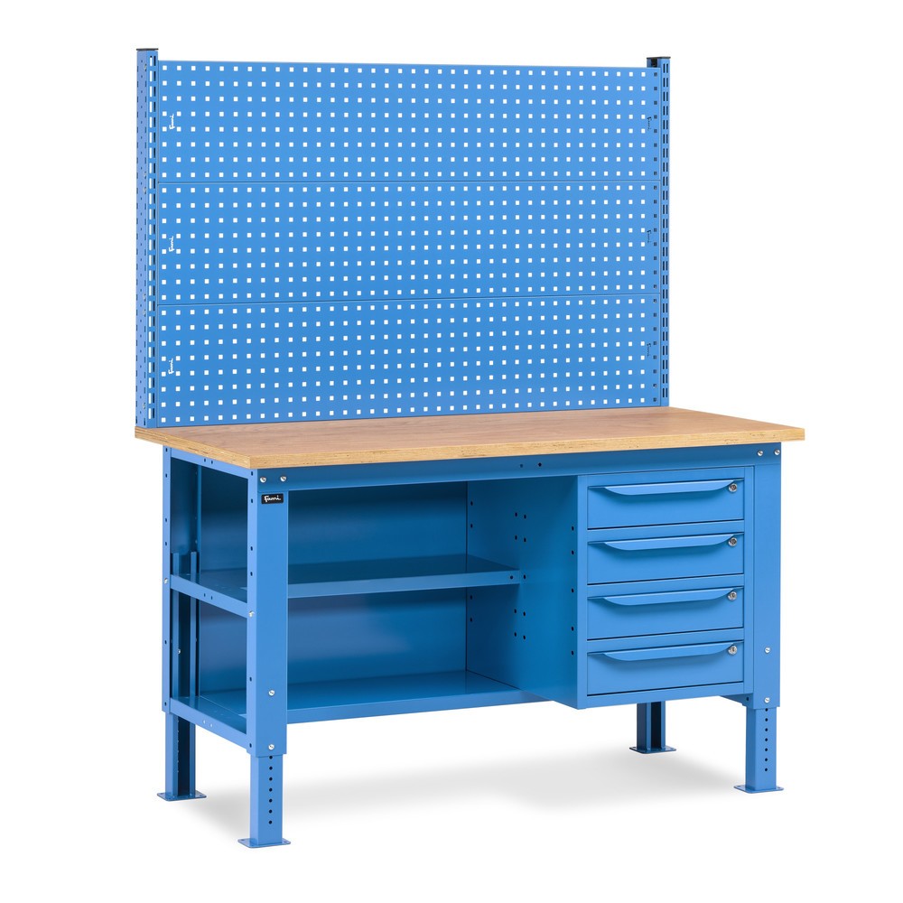 Produktabbildung: Fami Werkbank, höhenverstellbar, mit Multifunktionswand, 4 Schubladen, Rückwand mit 2 Fachböden, TK 1.000 kg, HxBxT 740-1.110 x 1.500 x 750 mm, RAL 5012 lichtblau