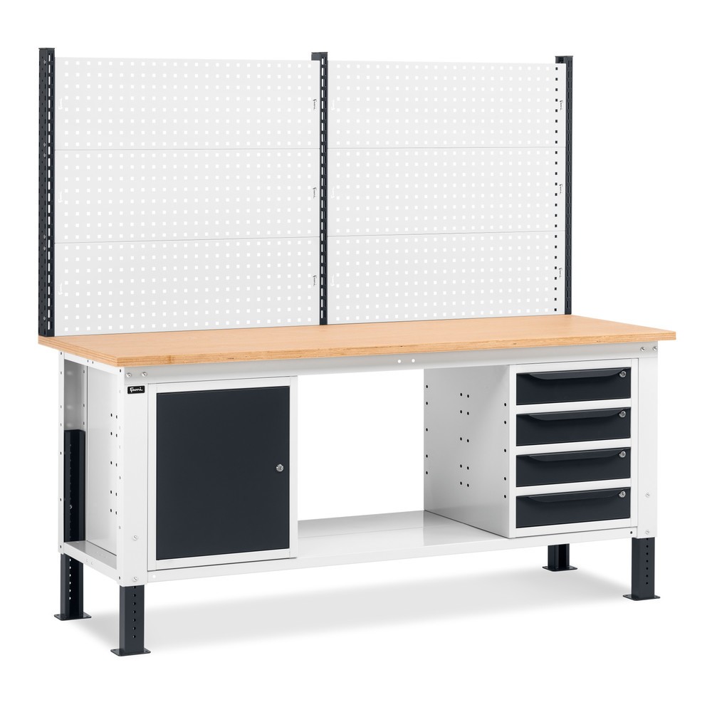 Produktabbildung: Fami Werkbank, höhenverstellbar, mit Multifunktionswand, 4 Schubladen u. Schrank, TK 1.000 kg, HxBxT 740-1.110 x 2.000 x 750 mm, RAL 7035 lichtgrau / RAL 7016 anthrazitgrau