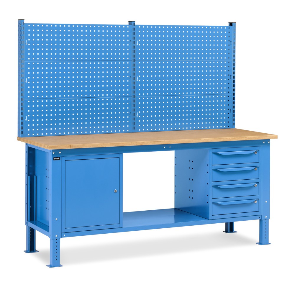 Produktabbildung: Fami Werkbank, höhenverstellbar, mit Multifunktionswand, 4 Schubladen u. Schrank, TK 1.000 kg, HxBxT 740-1.110 x 2.000 x 750 mm, RAL 5012 lichtblau