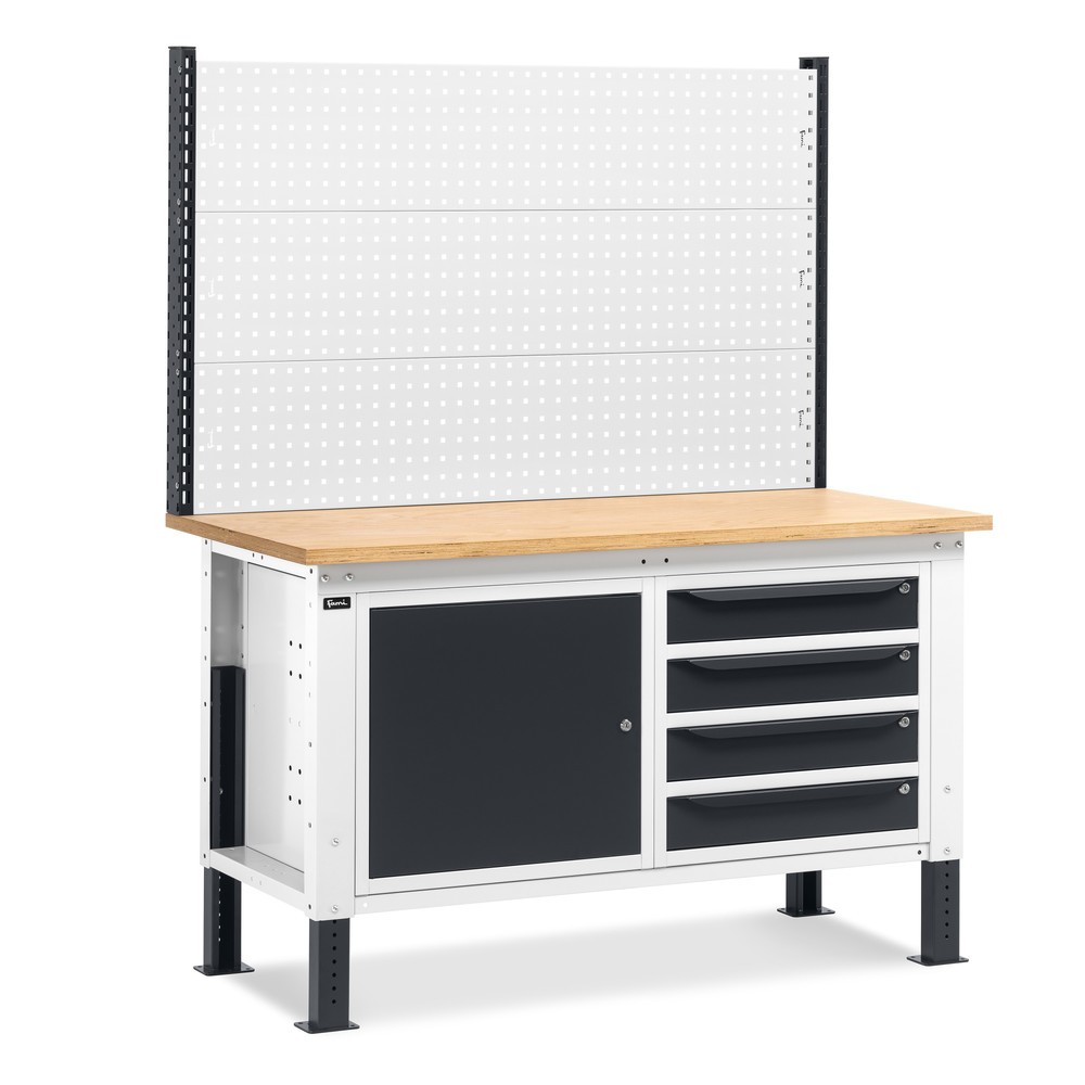 Produktabbildung: Fami Werkbank, höhenverstellbar, mit Multifunktionswand, 4 Schubladen u. Schrank, TK 1.000 kg, HxBxT 740-1.110 x 1.500 x 750 mm, RAL 7035 lichtgrau / RAL 7016 anthrazitgrau