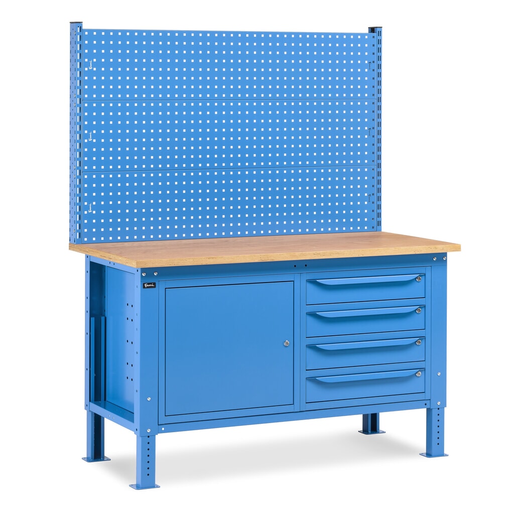Fami Werkbank, höhenverstellbar, mit Multifunktionswand, 4 Schubladen u. Schrank, TK 1.000 kg, HxBxT 740-1.110 x 1.500 x 750 mm, RAL 5012 lichtblau Produktabbildung: Fami Werkbank, höhenverstellbar, mit Multifunktionswand, 4 Schubladen u. Schrank, TK 1.000 kg, HxBxT 740-1.110 x 1.500 x 750 mm, RAL 5012 lichtblau
