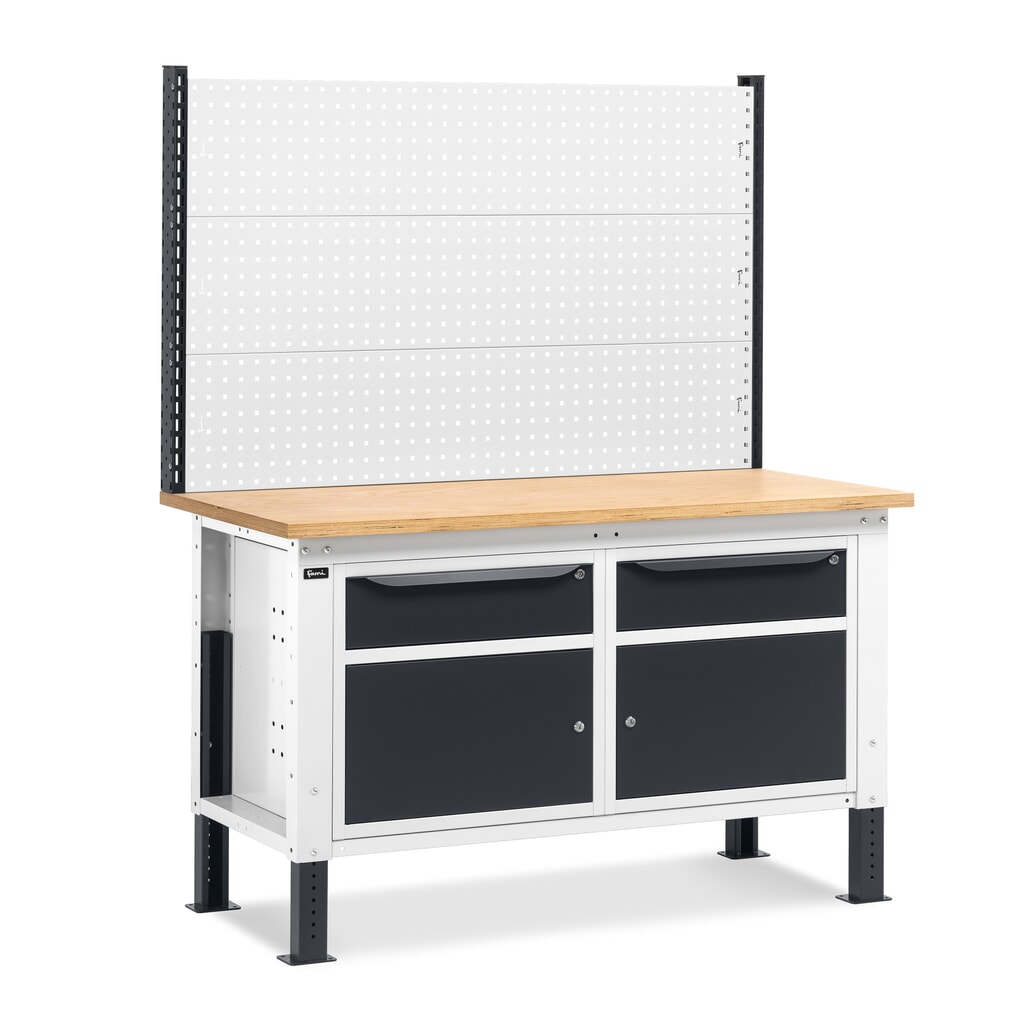 Produktabbildung: Fami Werkbank, höhenverstellbar, mit Multifunktionswand, 2 Schubladen u. 2 Schränke, TK 1.000 kg, HxBxT 740-1.110 x 1.500 x 750 mm, RAL 7035 lichtgrau / RAL 7016 anthrazitgrau