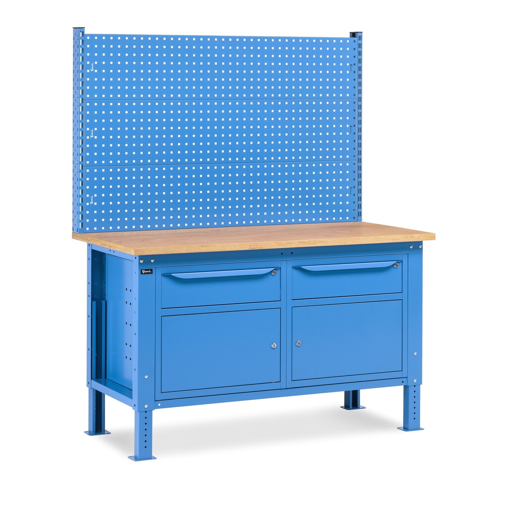 Fami Werkbank, höhenverstellbar, mit Multifunktionswand, 2 Schubladen u. 2 Schränke, TK 1.000 kg, HxBxT 740-1.110 x 1.500 x 750 mm, RAL 5012 lichtblau Produktabbildung: Fami Werkbank, höhenverstellbar, mit Multifunktionswand, 2 Schubladen u. 2 Schränke, TK 1.000 kg, HxBxT 740-1.110 x 1.500 x 750 mm, RAL 5012 lichtblau