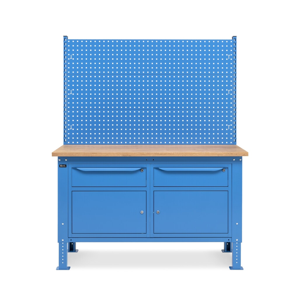 Fami Werkbank, höhenverstellbar, mit Multifunktionswand, 2 Schubladen u. 2 Schränke, TK 1.000 kg, HxBxT 740-1.110 x 1.500 x 750 mm, RAL 5012 lichtblau Produktabbildung Nr. 3: Fami Werkbank, höhenverstellbar, mit Multifunktionswand, 2 Schubladen u. 2 Schränke, TK 1.000 kg, HxBxT 740-1.110 x 1.500 x 750 mm, RAL 5012 lichtblau