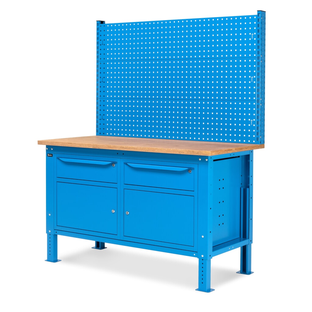 Fami Werkbank, höhenverstellbar, mit Multifunktionswand, 2 Schubladen u. 2 Schränke, TK 1.000 kg, HxBxT 740-1.110 x 1.500 x 750 mm, RAL 5012 lichtblau Produktabbildung Nr. 4: Fami Werkbank, höhenverstellbar, mit Multifunktionswand, 2 Schubladen u. 2 Schränke, TK 1.000 kg, HxBxT 740-1.110 x 1.500 x 750 mm, RAL 5012 lichtblau