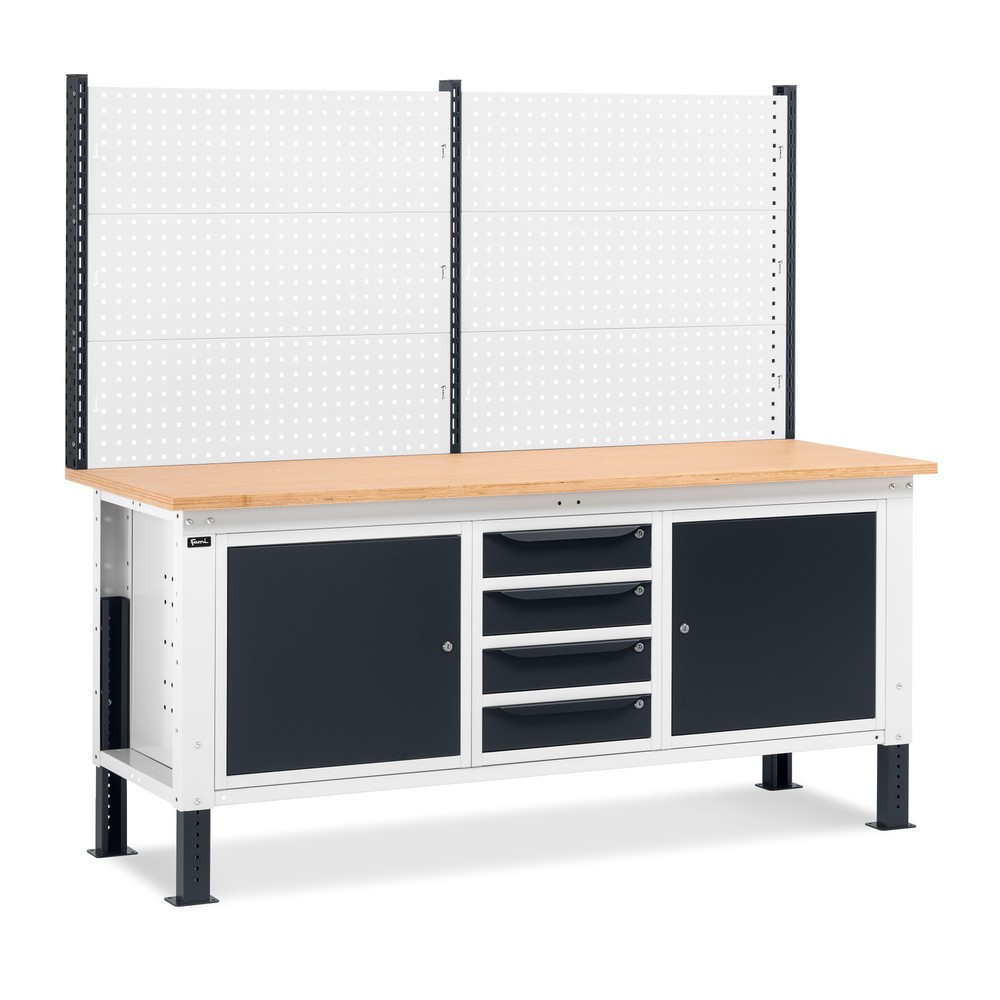 Produktabbildung: Fami Werkbank, höhenverstellbar, mit Multifunktionswand, 4 Schubladen u. 2 Schränke, TK 1.000 kg, HxBxT 740-1.110 x 2.000 x 750 mm, RAL 7035 lichtgrau / RAL 7016 anthrazitgrau