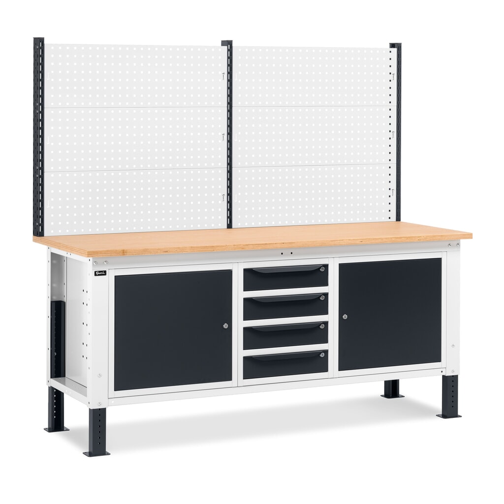 Fami Werkbank, höhenverstellbar, mit Multifunktionswand, 4 Schubladen u. 2 Schränke, TK 1.000 kg, HxBxT 740-1.110 x 2.000 x 750 mm, RAL 7035 lichtgrau / RAL 7016 anthrazitgrau Produktabbildung: Fami Werkbank, höhenverstellbar, mit Multifunktionswand, 4 Schubladen u. 2 Schränke, TK 1.000 kg, HxBxT 740-1.110 x 2.000 x 750 mm, RAL 7035 lichtgrau / RAL 7016 anthrazitgrau