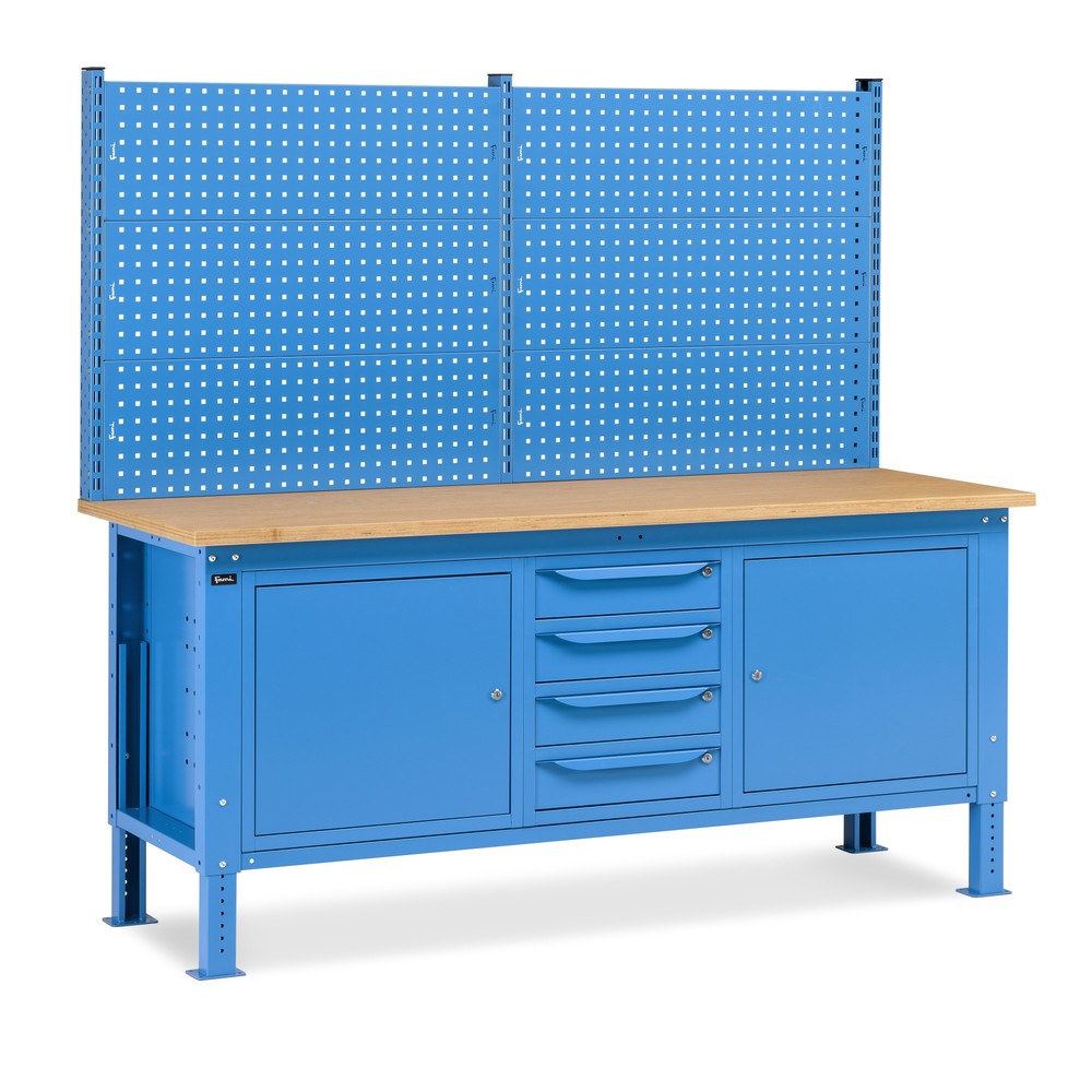 Produktabbildung: Fami Werkbank, höhenverstellbar, mit Multifunktionswand, 4 Schubladen u. 2 Schränke, TK 1.000 kg, HxBxT 740-1.110 x 2.000 x 750 mm, RAL 5012 lichtblau