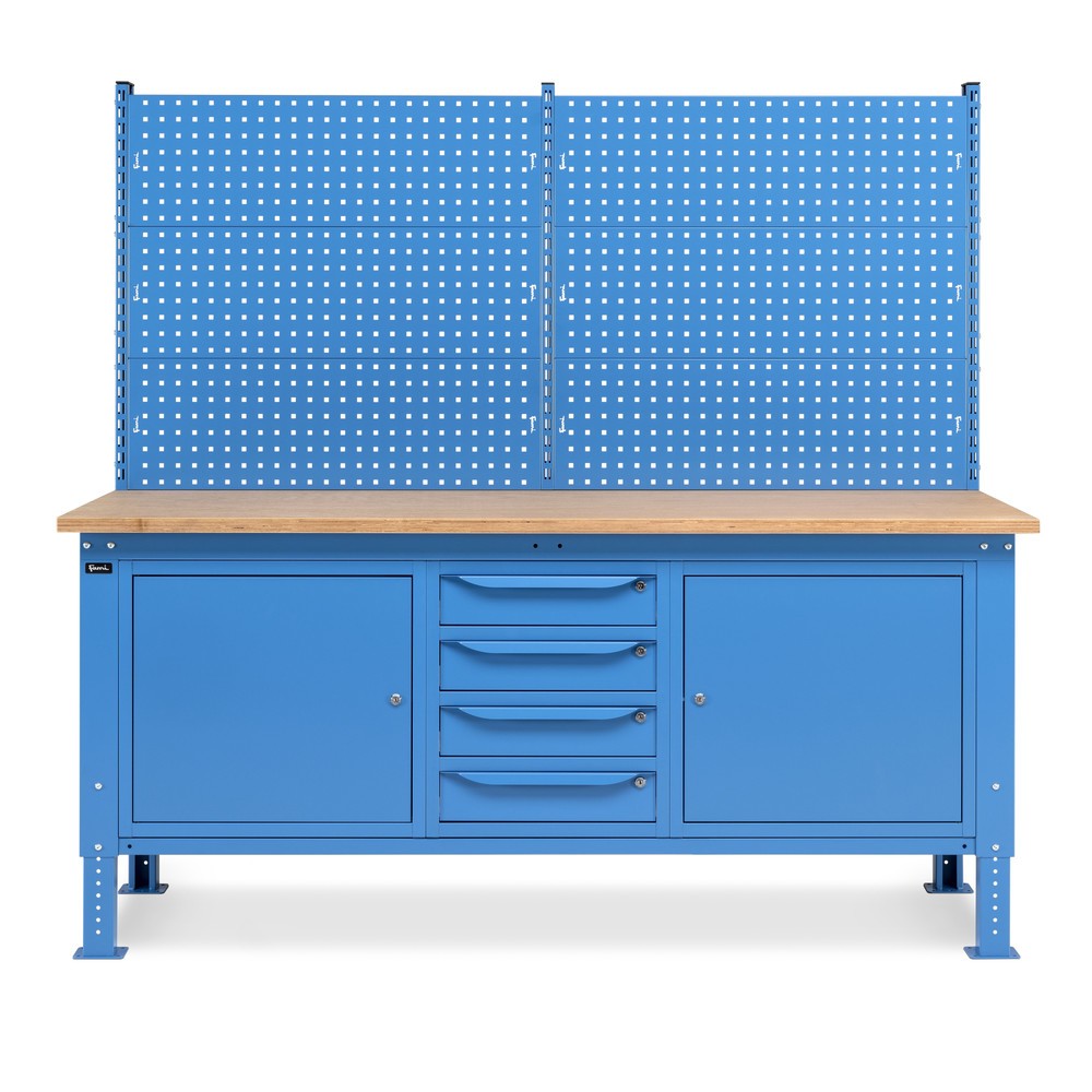 Produktabbildung Nr. 3: Fami Werkbank, höhenverstellbar, mit Multifunktionswand, 4 Schubladen u. 2 Schränke, TK 1.000 kg, HxBxT 740-1.110 x 2.000 x 750 mm, RAL 5012 lichtblau