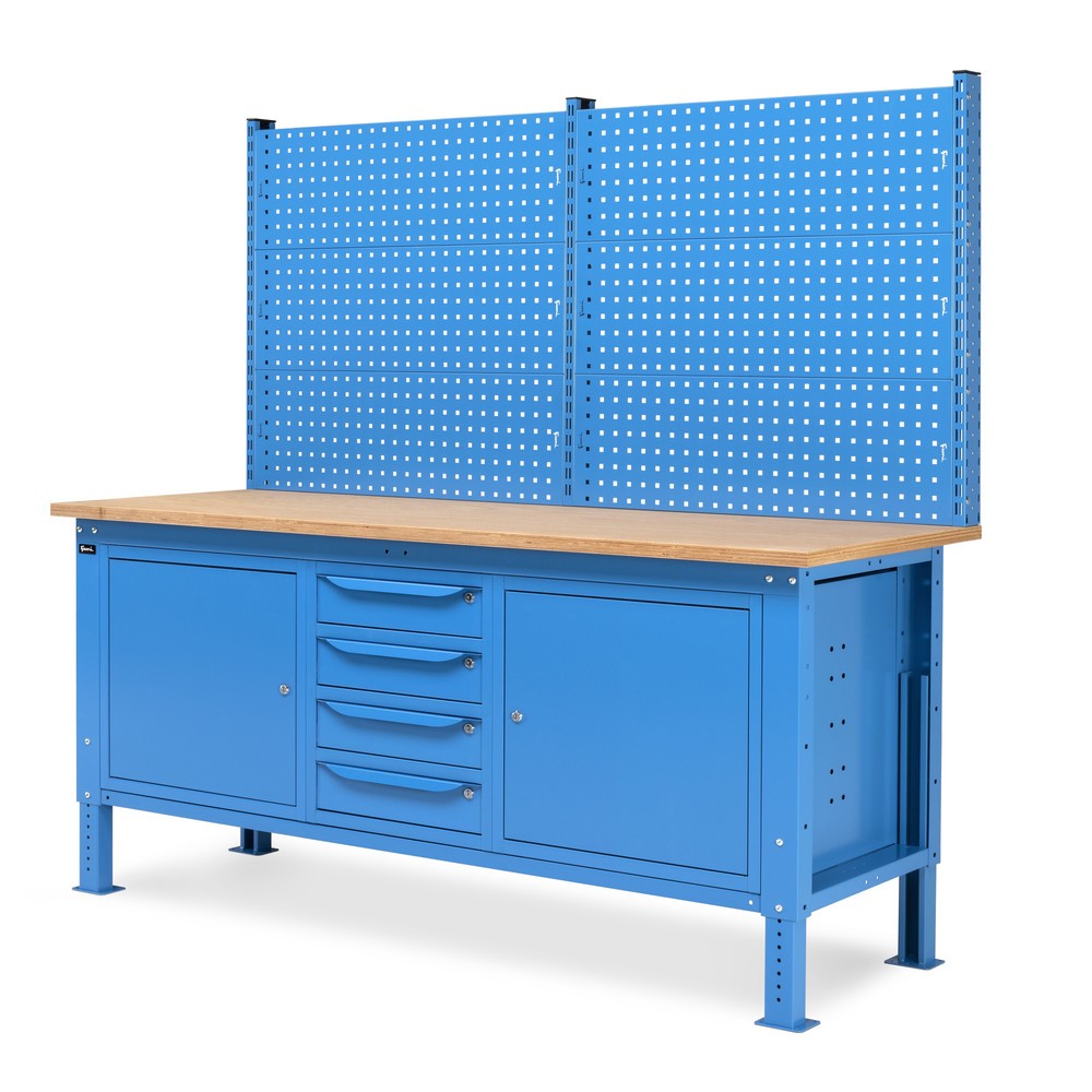 Produktabbildung Nr. 4: Fami Werkbank, höhenverstellbar, mit Multifunktionswand, 4 Schubladen u. 2 Schränke, TK 1.000 kg, HxBxT 740-1.110 x 2.000 x 750 mm, RAL 5012 lichtblau