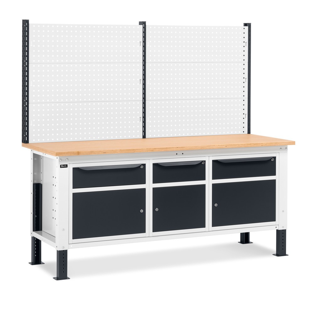 Produktabbildung: Fami Werkbank, höhenverstellbar, mit Multifunktionswand, 3 Schubladen u. 3 Schränke, TK 1.000 kg, HxBxT 740-1.110 x 2.000 x 750 mm, RAL 7035 lichtgrau / RAL 7016 anthrazitgrau