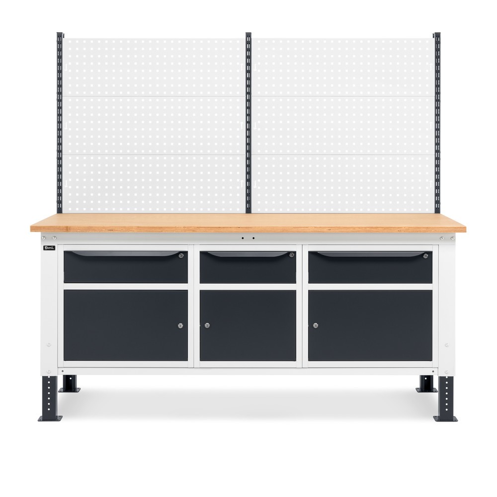 Produktabbildung Nr. 3: Fami Werkbank, höhenverstellbar, mit Multifunktionswand, 3 Schubladen u. 3 Schränke, TK 1.000 kg, HxBxT 740-1.110 x 2.000 x 750 mm, RAL 7035 lichtgrau / RAL 7016 anthrazitgrau