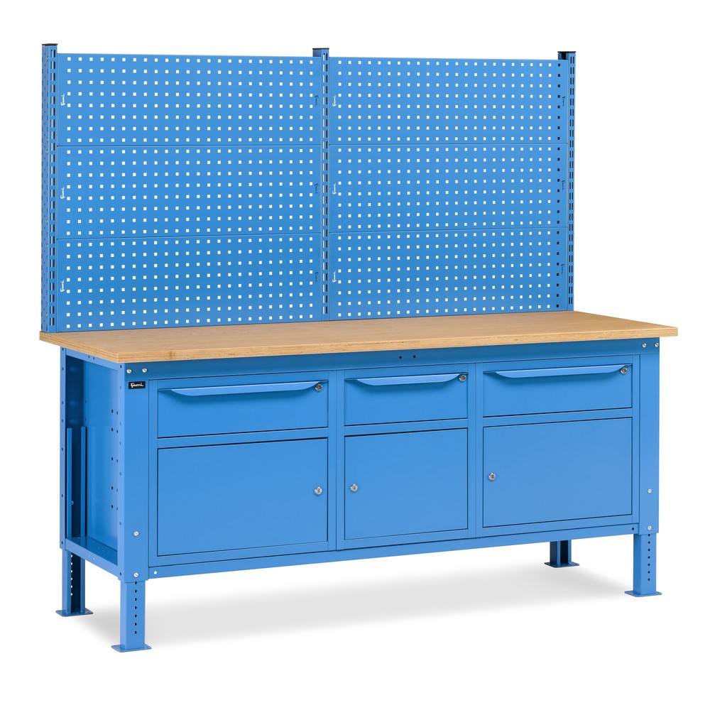 Produktabbildung: Fami Werkbank, höhenverstellbar, mit Multifunktionswand, 3 Schubladen u. 3 Schränke, TK 1.000 kg, HxBxT 740-1.110 x 2.000 x 750 mm, RAL 5012 lichtblau