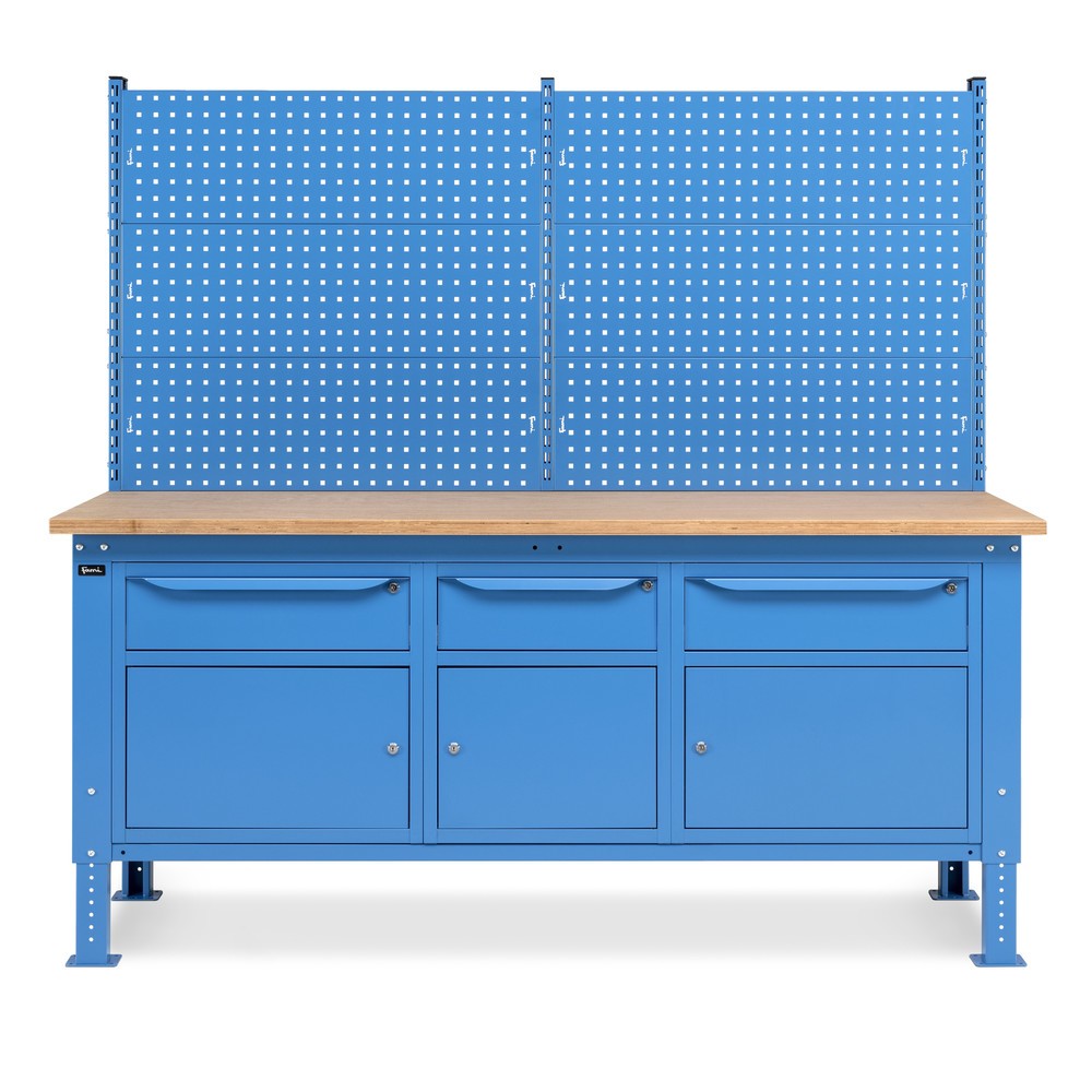 Produktabbildung Nr. 3: Fami Werkbank, höhenverstellbar, mit Multifunktionswand, 3 Schubladen u. 3 Schränke, TK 1.000 kg, HxBxT 740-1.110 x 2.000 x 750 mm, RAL 5012 lichtblau