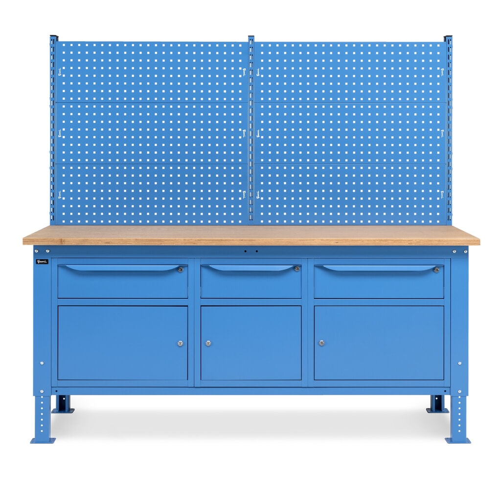 Produktabbildung Nr. 3: Fami Werkbank, höhenverstellbar, mit Multifunktionswand, 3 Schubladen u. 3 Schränke, TK 1.000 kg, HxBxT 740-1.110 x 2.000 x 750 mm, RAL 5012 lichtblau