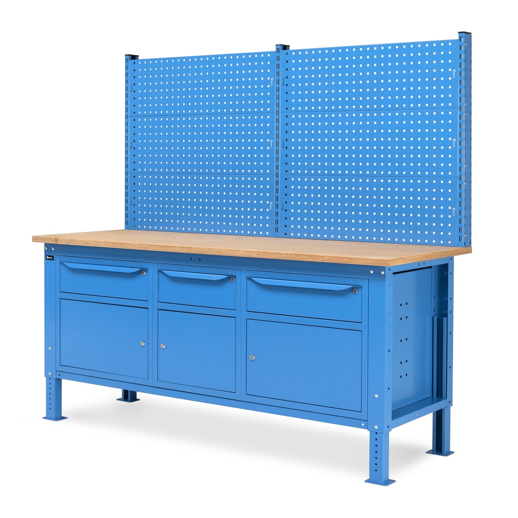 Fami Werkbank, höhenverstellbar, mit Multifunktionswand, 3 Schubladen u. 3 Schränke, TK 1.000 kg, HxBxT 740-1.110 x 2.000 x 750 mm, RAL 5012 lichtblau Produktabbildung Nr. 4: Fami Werkbank, höhenverstellbar, mit Multifunktionswand, 3 Schubladen u. 3 Schränke, TK 1.000 kg, HxBxT 740-1.110 x 2.000 x 750 mm, RAL 5012 lichtblau