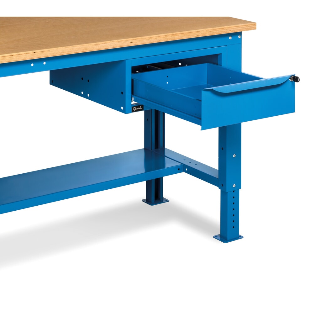 Fami Werkbank, höhenverstellbar u. 1 Schublade, TK 1.000 kg, HxBxT 740-1.110 x 2.000 x 750 mm, RAL 5012 lichtblau Produktabbildung Nr. 2: Fami Werkbank, höhenverstellbar u. 1 Schublade, TK 1.000 kg, HxBxT 740-1.110 x 2.000 x 750 mm, RAL 5012 lichtblau