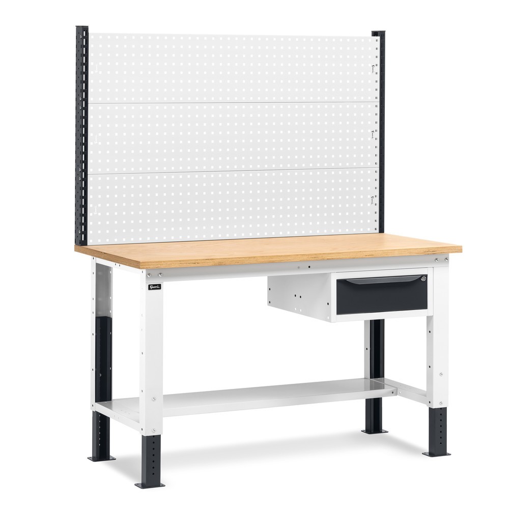 Produktabbildung: Fami Werkbank, höhenverstellbar, mit Multifunktionswand u. 1 Schublade, TK 1.000 kg, HxBxT 740-1.110 x 1.500 x 750 mm, RAL 7035 lichtgrau / RAL 7016 anthrazitgrau