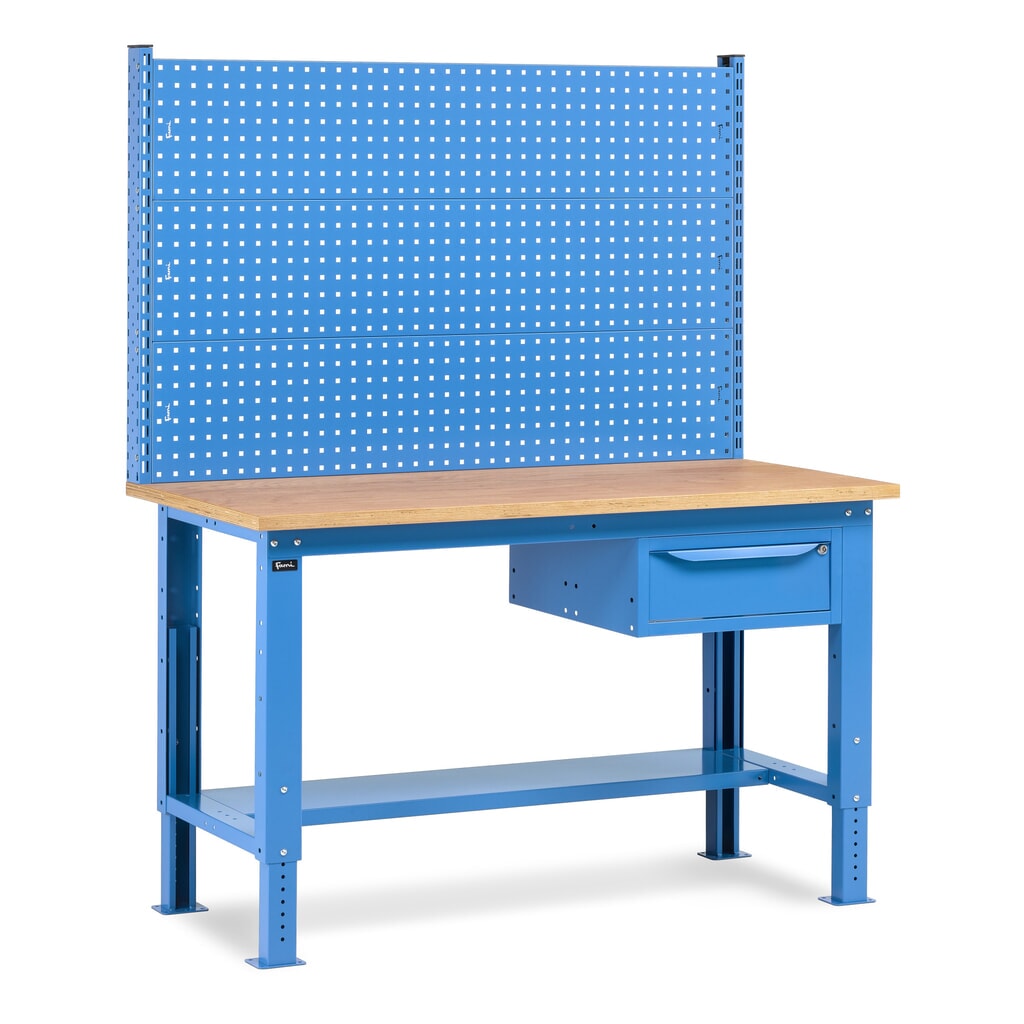 Fami Werkbank, höhenverstellbar, mit Multifunktionswand u. 1 Schublade, TK 1.000 kg, HxBxT 740-1.110 x 1.500 x 750 mm, RAL 5012 lichtblau Produktabbildung: Fami Werkbank, höhenverstellbar, mit Multifunktionswand u. 1 Schublade, TK 1.000 kg, HxBxT 740-1.110 x 1.500 x 750 mm, RAL 5012 lichtblau