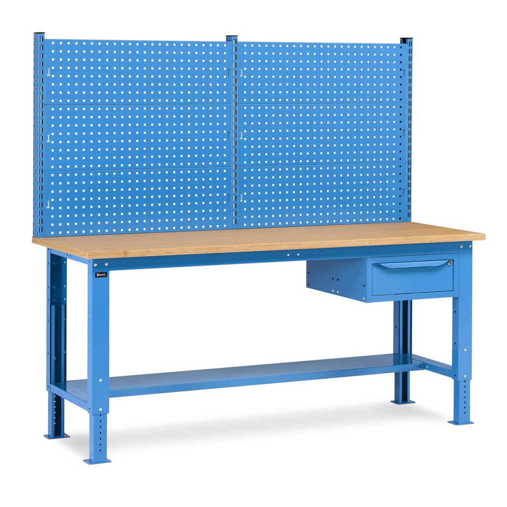 Fami Werkbank, höhenverstellbar, mit Multifunktionswand u. 1 Schublade, TK 1.000 kg, HxBxT 740-1.110 x 2.000 x 750 mm, RAL 5012 lichtblau Produktabbildung: Fami Werkbank, höhenverstellbar, mit Multifunktionswand u. 1 Schublade, TK 1.000 kg, HxBxT 740-1.110 x 2.000 x 750 mm, RAL 5012 lichtblau