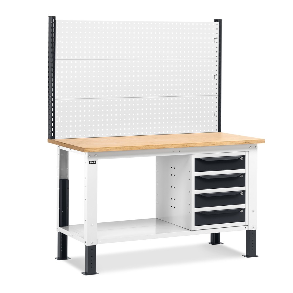 Produktabbildung: Fami Werkbank, höhenverstellbar, mit Multifunktionswand u. 4 Schubladen, TK 1.000 kg, HxBxT 740-1.110 x 1.500 x 750 mm, RAL 7035 lichtgrau / RAL 7016 anthrazitgrau