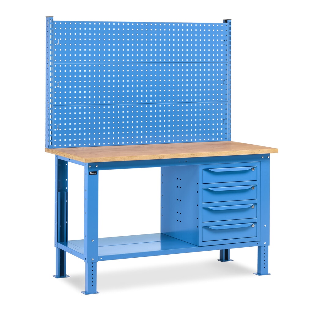 Fami Werkbank, höhenverstellbar, mit Multifunktionswand u. 4 Schubladen, TK 1.000 kg, HxBxT 740-1.110 x 1.500 x 750 mm, RAL 5012 lichtblau Produktabbildung Nr. 1: Fami Werkbank, höhenverstellbar, mit Multifunktionswand u. 4 Schubladen, TK 1.000 kg, HxBxT 740-1.110 x 1.500 x 750 mm, RAL 5012 lichtblau
