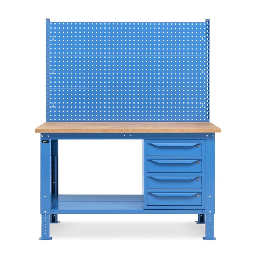 Fami Werkbank, höhenverstellbar, mit Multifunktionswand u. 4 Schubladen, TK 1.000 kg, HxBxT 740-1.110 x 1.500 x 750 mm, RAL 5012 lichtblau Produktabbildung Nr. 3: Fami Werkbank, höhenverstellbar, mit Multifunktionswand u. 4 Schubladen, TK 1.000 kg, HxBxT 740-1.110 x 1.500 x 750 mm, RAL 5012 lichtblau