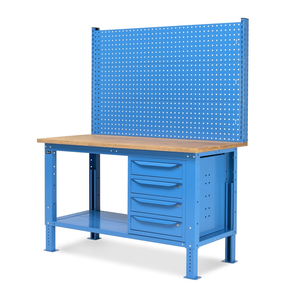 Fami Werkbank, höhenverstellbar, mit Multifunktionswand u. 4 Schubladen, TK 1.000 kg, HxBxT 740-1.110 x 1.500 x 750 mm, RAL 5012 lichtblau Produktabbildung Nr. 4: Fami Werkbank, höhenverstellbar, mit Multifunktionswand u. 4 Schubladen, TK 1.000 kg, HxBxT 740-1.110 x 1.500 x 750 mm, RAL 5012 lichtblau