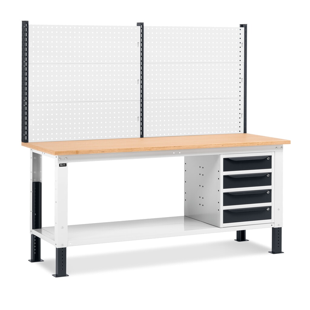 Produktabbildung: Fami Werkbank, höhenverstellbar, mit Multifunktionswand u. 4 Schubladen, TK 1.000 kg, HxBxT 740-1.110 x 2.000 x 750 mm, RAL 7035 lichtgrau / RAL 7016 anthrazitgrau