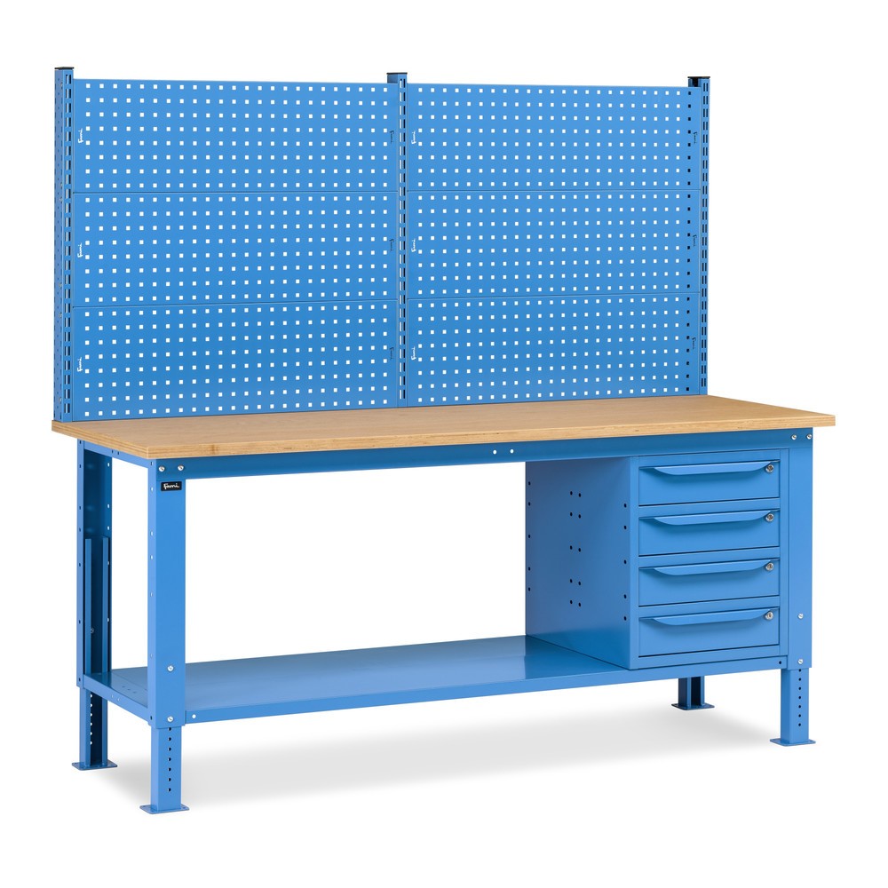 Produktabbildung: Fami Werkbank, höhenverstellbar, mit Multifunktionswand u. 4 Schubladen, TK 1.000 kg, HxBxT 740-1.110 x 2.000 x 750 mm, RAL 5012 lichtblau