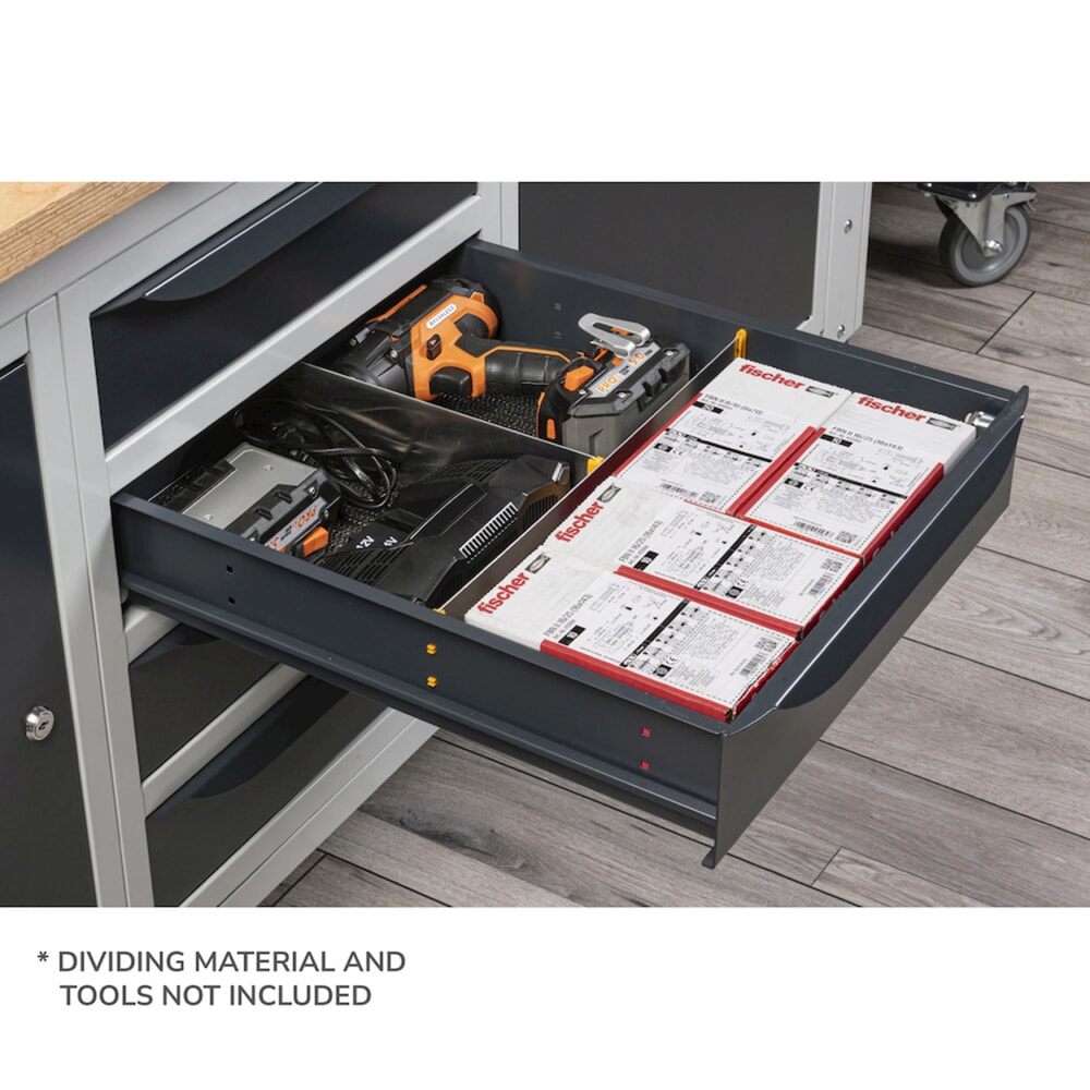 Produktabbildung Nr. 3: Fami Werkbank, höhenverstellbar, 4 Schubladen, Flügeltürschrank, Rückwand mit 2 Fachböden, TK 1.000 kg, HxBxT 740-1.110 x 2.000 x 750 mm, RAL 5012 lichtblau