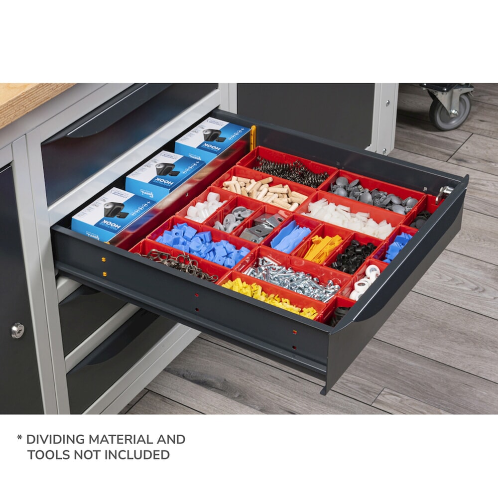 Produktabbildung Nr. 4: Fami Werkbank, höhenverstellbar, 4 Schubladen, Flügeltürschrank, Rückwand mit 2 Fachböden, TK 1.000 kg, HxBxT 740-1.110 x 2.000 x 750 mm, RAL 5012 lichtblau