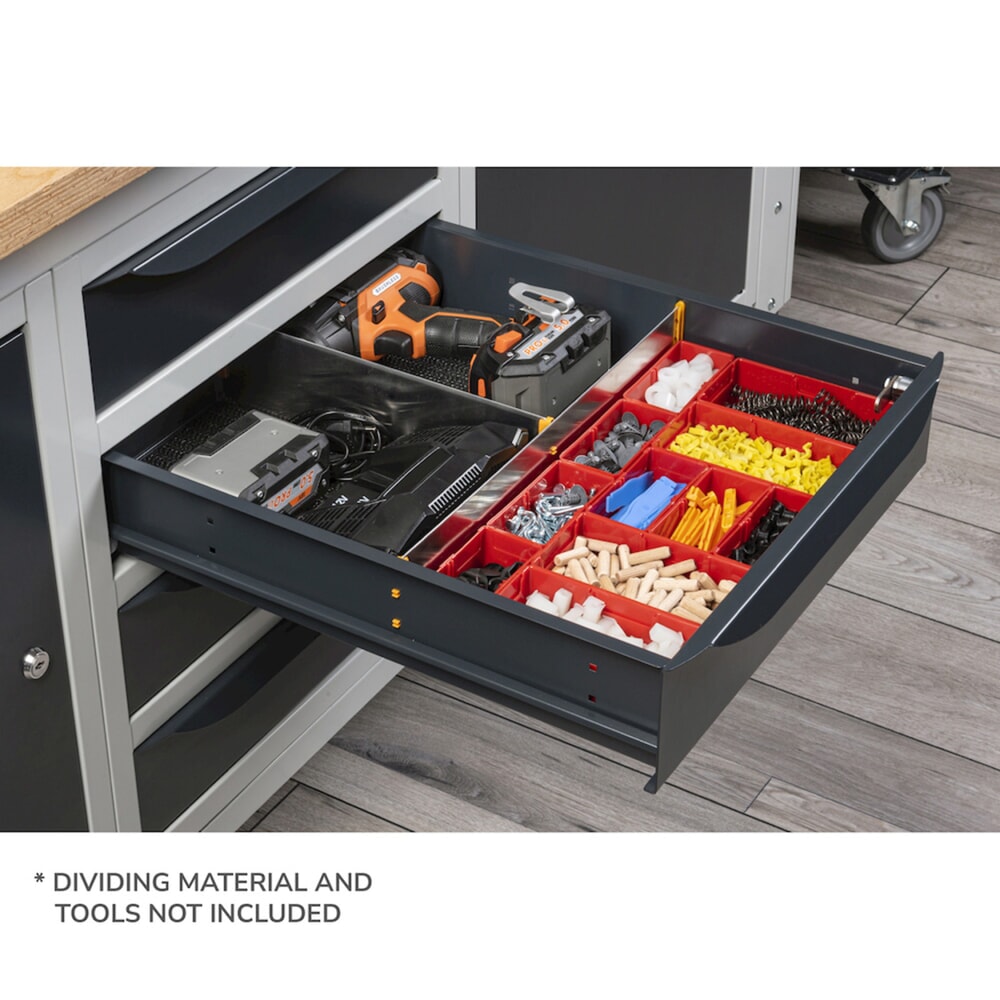 Produktabbildung Nr. 5: Fami Werkbank, höhenverstellbar, 4 Schubladen, Flügeltürschrank, Rückwand mit 2 Fachböden, TK 1.000 kg, HxBxT 740-1.110 x 2.000 x 750 mm, RAL 5012 lichtblau